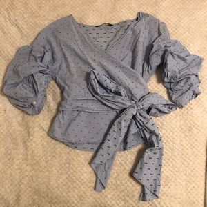 Zara Blue Dotted Puffy Sleeve Tie Waist Blouse